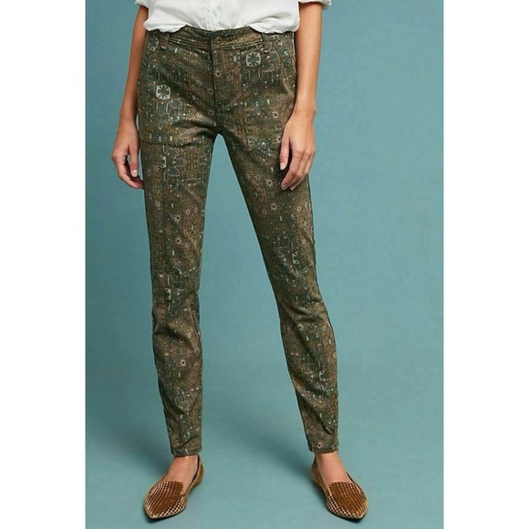 Anthrpologie Pants Womens 31 Green CADET UTILITY Aztec Geometric Western Stretch - Picture 1 of 13